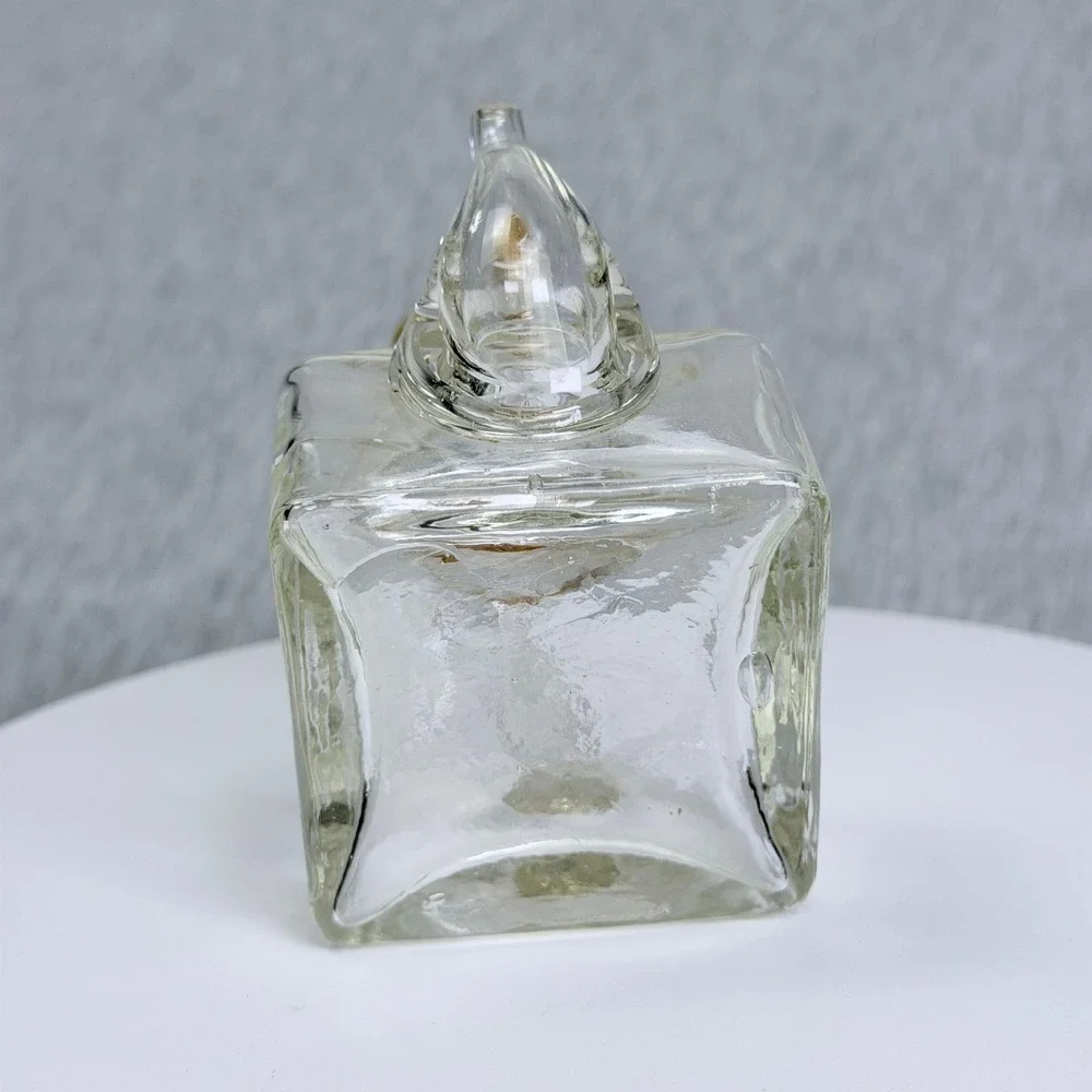 Vintage Handblown Clear Glass Square Teapot Cruet Oil Vinegar Dispenser Cork